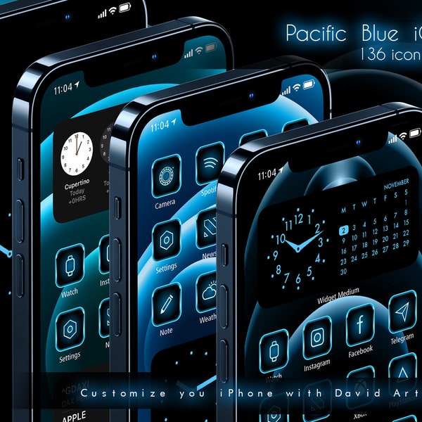 Pacific Blue iOS14 Icon Set 1632 Icons - 12 different Styles for iPhone homescreen customization | Aesthetic | Widget Smith | Photo Widgets