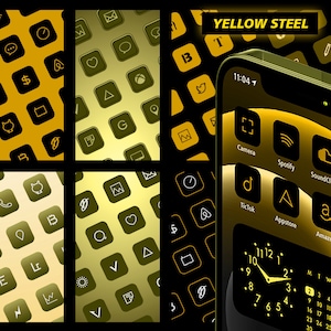 May include: A smartphone with a yellow steel theme, featuring a black and yellow interface. The screen displays app icons and a calendar. The background shows a grid of app icons in a similar color scheme. The text "YELLOW STEEL" is at the top.