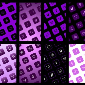 May include: A collection of nine different patterns featuring various app icons in a purple and white color scheme. The icons are arranged in a grid pattern and are outlined in white.
