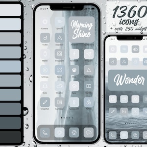 May include: A digital mockup of an iPhone screen with a gray and white color scheme. The screen displays a collection of app icons with the text "Morning Shine" and "Wonder".