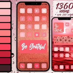 May include: A digital mockup of an iPhone screen with a pink and red aesthetic theme. The screen displays a variety of icons and widgets, including a "Be Grateful" message. The text "1360 icons + over 250 widgets" is displayed in the upper right corner of the image.