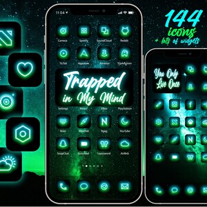 May include: A phone screen with a green and black gradient background. The screen displays a collection of 144 neon green icons with a variety of app names. The text "Trapped in My Mind" is displayed in white on the screen. The text "144 icons + lots of widgets" is displayed in white on the top right corner of the screen.