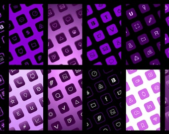 May include: A collection of nine different patterns featuring various app icons in a purple and white colour scheme. The icons are arranged in a grid pattern and are outlined in white.