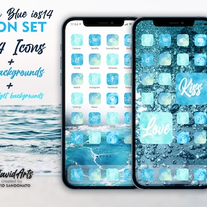 May include: Two iPhone mockups displaying a blue and white ocean-themed icon set for iOS 14. The set includes 544 icons, 15 backgrounds, and 42 widget backgrounds. The text "Kiss" and "Love" are featured on two of the icons.