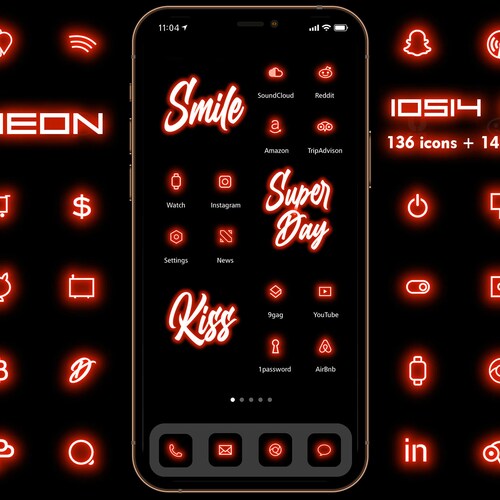 Super RED Minimal Touch NEON Ios14 Icon Set 272 Icons and Etsy
