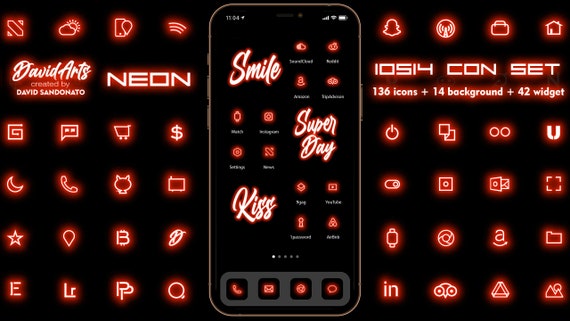 Neon RED ios14 Icon Set 136 Icons and Backgrounds iPhone | Etsy
