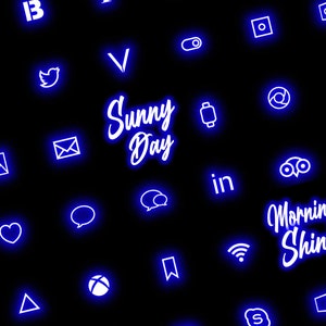 Può includere: Uno sfondo nero con icone e testo in neon blu. Il testo include "Party Day", "Sunny Day" e "Morning Shine".