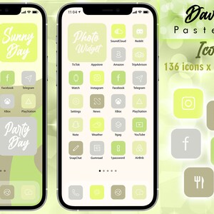 May include: A set of 136 pastel lime green and gray icons for customizing a phone's home screen. The icons feature simple line drawings of common apps and social media platforms. The text "David Arts Pastel Lime Icon Set 136 icons x 6 different Colors" is displayed at the top of the image.