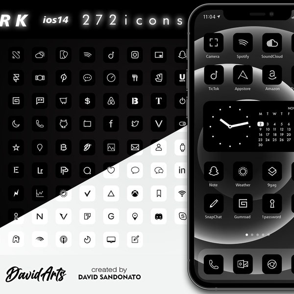 Dunkle minimale Kohle ios14 Icon Set 272 Icons und Hintergründe | iPhone Ästhetik |  Widget Smith | Schwarz weiß Icons | Anpassen von HomeScreen