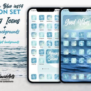 May include: A mockup of an iPhone screen with a blue and white watercolor background. The screen displays a grid of app icons with names like Camera, Spotify, SoundCloud, and Good Vibes. The text "Morning Shine" is visible in the lower left corner of the screen.