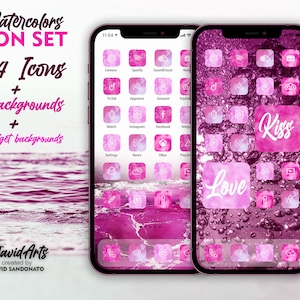 May include: Two iPhone mockups with pink watercolor backgrounds and icons. The left phone has a pink and white background with a variety of icons. The right phone has a pink background with a pink and white watercolor design and the words "Love" and "Kiss" in white text. The text "Watercolors ICON SET 544 Icons + 15 backgrounds + 42 Widget backgrounds" is at the top of the image. The text "David Arts created by DAVID SANDONATO" is at the bottom of the image.