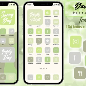May include: A set of 136 pastel green icons for a phone home screen. The icons are in a grid pattern and feature a variety of apps, including Instagram, Facebook, TikTok, and YouTube. The icons are outlined in white and have a light green background.