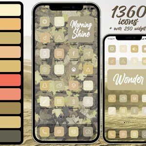 May include: A digital mockup of an iPhone screen with a custom icon set. The icons are in a muted color palette of beige, brown, and white. The background is a blurry image of autumn leaves. The text "Morning Shine" is at the top of the screen. The text "Wonder" is on a separate screen.