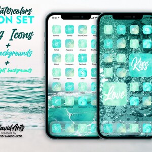 May include: Two iPhone screens displaying a set of 544 watercolor icons, 15 backgrounds, and 42 widget backgrounds. The icons are in a teal and aqua color scheme with white outlines. The text "Watercolors ICON SET" is at the top of the image. The text "544 Icons + 15 backgrounds + 42 Widget backgrounds" is below the image of the phones. The text "David Arts created by DAVID SANDONATO" is at the bottom of the image.