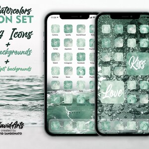 May include: Two iPhone mockups with a green watercolor background. The left phone shows a grid of app icons with white outlines. The right phone shows a grid of app icons with white outlines and two large icons that say "Love" and "Kiss". The text "Watercolors ICON SET 544 Icons + 15 backgrounds + 42 Widget backgrounds" is displayed above the phones. The text "David Arts created by DAVID SANDONATO" is displayed below the phones.