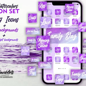 May include: A collection of 544 watercolor icons, 15 backgrounds, and 42 widget backgrounds in purple and white. The icons feature various phrases like "Morning Shine", "Family Day", "Love my Family", "Be Cool", "Super Day", "Wonder", "Enjoy", "Party Day", "Sunny Day", "Kiss", "Create", "Love", "Smile", "I'm the Best", and "Good Vibes".