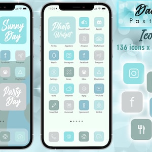 May include: A set of 136 pastel blue icons for a phone home screen. The icons are in a grid pattern and include apps like TikTok, Instagram, Facebook, and more. The text "David Arts Pastel Blue Icon Set" is at the top of the image.
