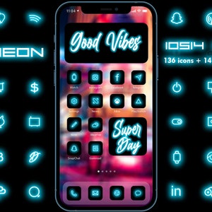 Neon Cyan ios14 Icon Set | 136 Icons and Backgrounds | iPhone Aesthetic |  Widget Smith | Quote and Photo Widgets | Customize Home Screen