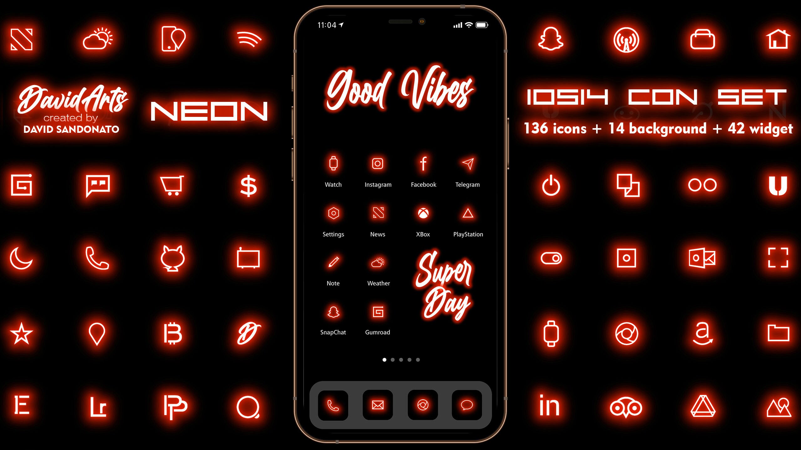 Neon RED ios14 Icon Set 136 Icons and Backgrounds iPhone Etsy
