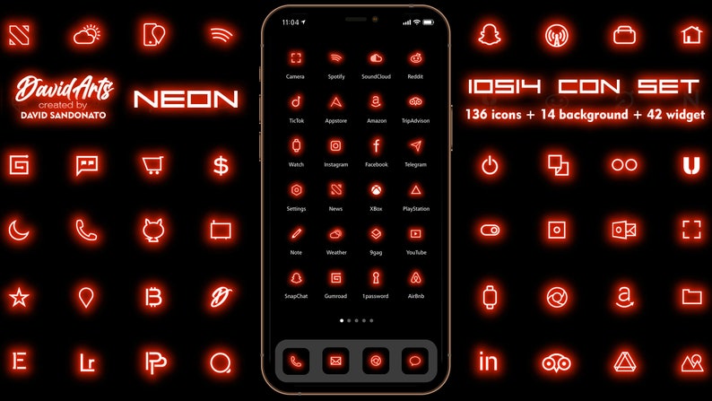 Red Ios Phone Icon Neon RED Ios14 Icon Set | 136 Icons and Backgrounds | iPhone Aesthetic ...