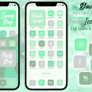May include: A phone screen displays a pastel green icon set with 136 icons in six colors. The icons are arranged on the screen, with app names like "Sunny Day" and "I'm the Best". The design is by David Arts.