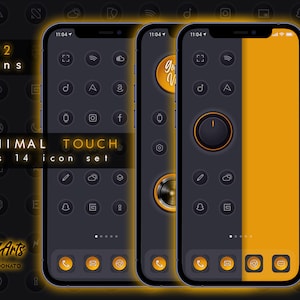 Puede incluir: Tres maquetas de iPhone que muestran un conjunto de 272 iconos minimalistas de iOS 14. Los iconos son en blanco y negro con un acento amarillo. El texto "MINIMAL TOUCH ios 14 icon set" se muestra en la maqueta más a la izquierda.