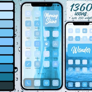 May include: Aesthetic iOS 14 icon set with a blue color palette. The image shows two smartphones with custom app icons and widgets. One phone displays "Morning Shine" and the other "Wonder". The image also includes a color palette and the text "1360 icons + over 250 widget".