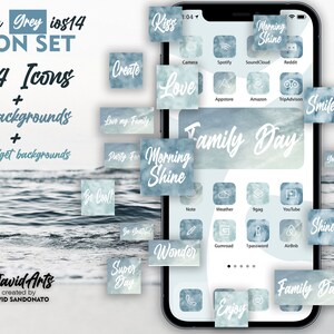 May include: A set of 544 icons and 15 backgrounds in a blue and gray color scheme. The icons are designed for use with iOS 14. The image shows a phone screen with a variety of icons and backgrounds, including "Family Day", "Morning Shine", and "Super Day".