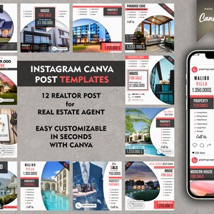 不動産 12 Instagram 投稿 Canva テンプレート (物件販売プロモーション、連絡先、予約、オファー用) | Square Post | Realtor Business IG