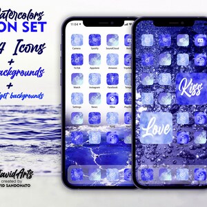 May include: Two iPhone mockups displaying a blue watercolor icon set with 544 icons, 15 backgrounds, and 42 widget backgrounds. The icons feature a blue watercolor design with white outlines. The text "Kiss" and "Love" are featured on two of the icons.