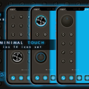 May include: Three iPhone mockups displaying a set of 272 minimalist iOS 14 icons. The icons are black and white with a blue accent. The text "MINIMAL TOUCH ios 14 icon set" is displayed on the screen.