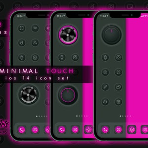 May include: Three iPhone mockups with a dark gray background and a pink accent. The mockups display a set of 272 icons for iOS 14, called "Minimal Touch".