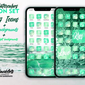 May include: A set of 544 watercolor icons, 15 backgrounds, and 42 widget backgrounds in green and white tones. The icons are displayed on a phone screen with the text "Watercolors ICON SET 544 Icons + 15 backgrounds + 42 Widget backgrounds" and "David Arts created by DAVID SANDONATO".