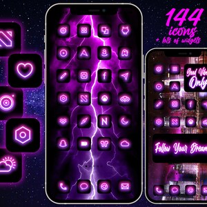 May include: A set of 144 pink neon icons for a phone home screen. The icons are on a dark purple background with a lightning bolt design. The text "Good Vibes Only" and "Follow Your Dreams" are also included.