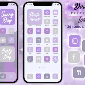 May include: A set of 136 pastel violet icons for customizing a phone's home screen. The icons feature a variety of popular apps, including Instagram, Facebook, TikTok, and YouTube. The icons are designed in a minimalist style with white outlines.