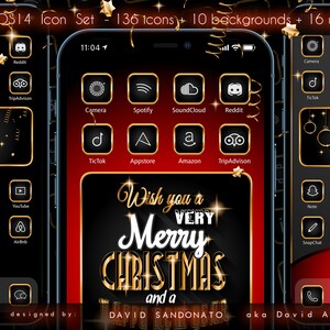 May include: A set of 136 golden Christmas icons for iOS 14, featuring a red and black background with a festive message that says "Wish you a very Merry Christmas and a Happy New Year".