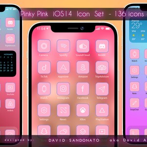 May include: Three iPhone screens with a pink and purple gradient background. Each screen displays a grid of app icons with white outlines and pink backgrounds. The icons represent popular apps such as Camera, Spotify, SoundCloud, TikTok, Appstore, Amazon, Instagram, Facebook, Telegram, Settings, News, Xbox, PlayStation, Snapchat, and more. The text "Pinky Pink iOS14 Icon Set - 136 icons + 12 backgrounds" is displayed at the top of the image.