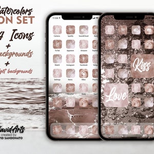 May include: A set of 544 watercolor icons for customizing a phone's home screen. The icons are in a light pink and brown color scheme. The icons are displayed on a phone screen with a background of a marble-like pattern. The phone screen also displays a background with a water-like pattern and the words "Love" and "Kiss" in white text.