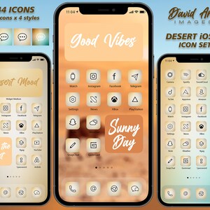 May include: Three iPhones displaying a desert-themed icon set. The screens feature icons with a beige and brown color scheme, with the words "Good Vibes", "Desert Mood", and "Sunny Day" displayed. The set includes 544 icons in 4 styles.