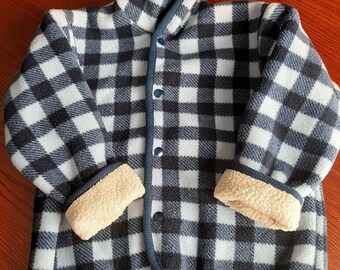 Child Large Fleece Jacket.  Navy and powder Blue Buffalo Plaid Jacket