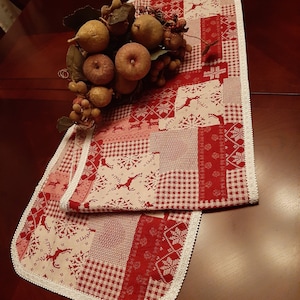 Christmas Table Runner, Tapestry Christmas Table Runner with Cord Trim, Red and White Tapestry Christmas runner, Christmas Decor, Home Decor