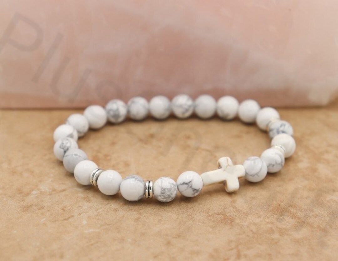 White Marble Stretch Cross Bracelet Hand Made Cross Etsy