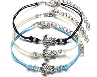 Sea Turtle Anklet - Waterproof Wax Nylon Cord - Adjustable - Ankle Bracelet - Beach Jewelry - Surfer - Tropical - Silver Turtle - Gift