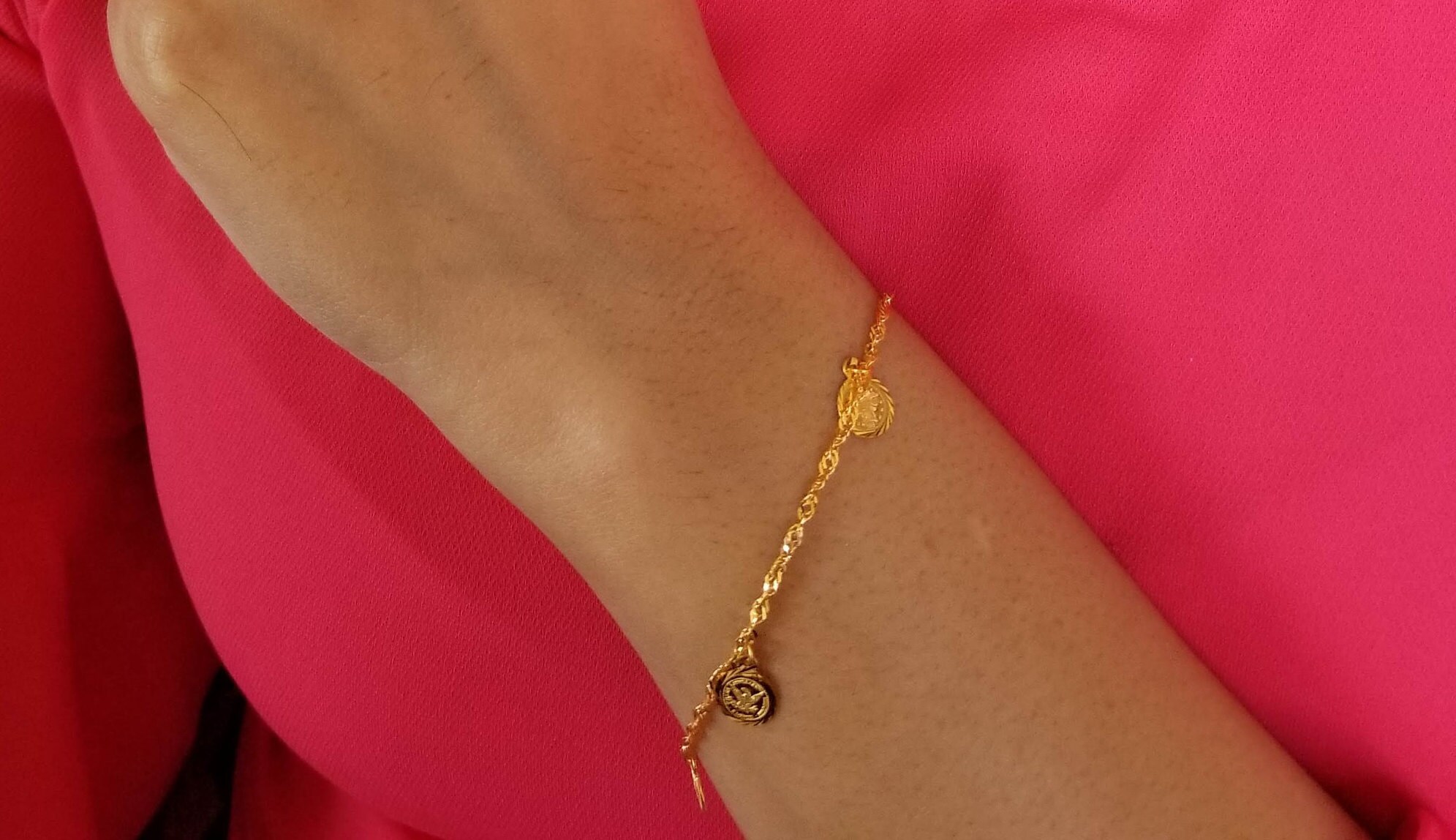 22K Solid Gold Bracelet With Hanging Coin Charmdainty Etsy