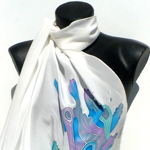 Blue, sky blue, green, mauve, gray scarf in hand-painted silk crepe