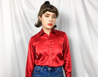 Red Satin Blouse Long Sleeve Mock Neck Career Top Shiny Silky Shirt Woman/'s Vintage 80/'s Size 8 Retro Vibrant Spring Summer Nautical