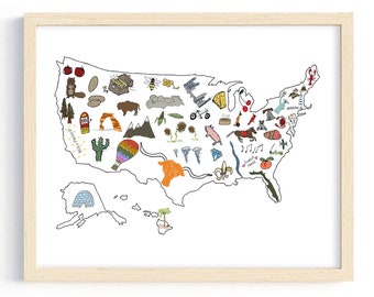 United States Map for Kids, USA Travel Map, Nursery Wall Art Print, State Map Illustrations, Travel Map Wall Print, Kids Room Decor, America