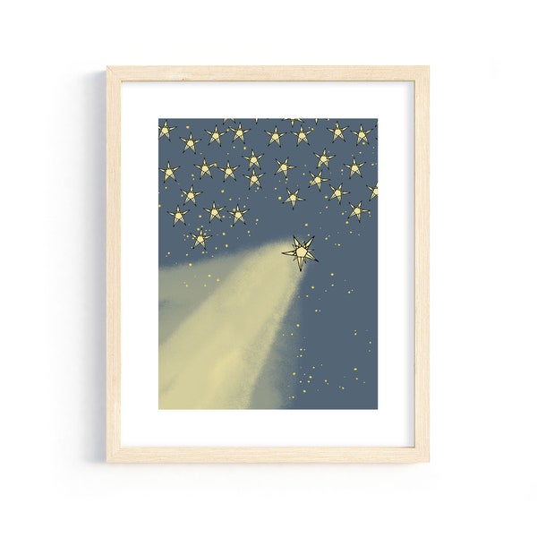 Shooting Star Night Sky Print, Space Themed Nursery Art, Kids Playroom Wall Ideas, Artwork For Kids, Baby Shooting Star Wall Art, Giclée