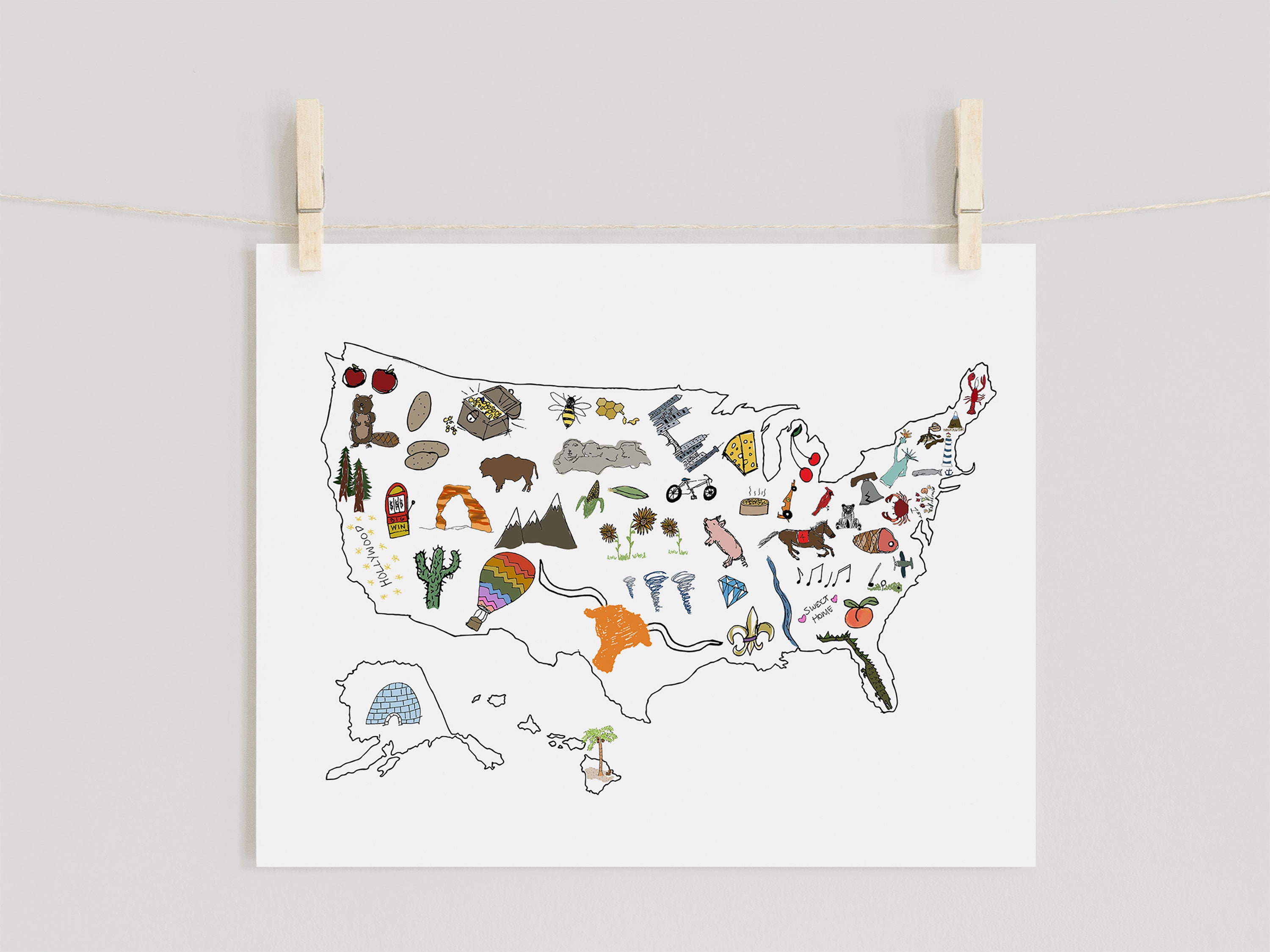 United States Map for Kids, USA Travel Map, Nursery Wall Art Print, State Map Illustrations ...