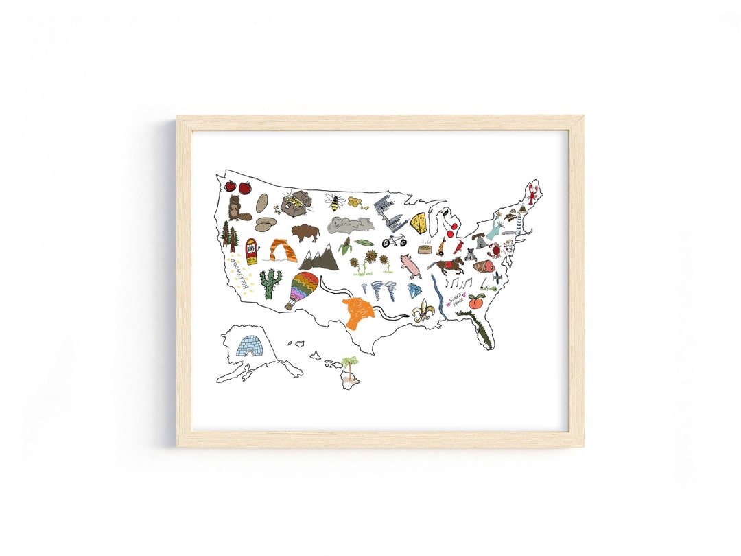 United States Map for Kids, USA Travel Map, Nursery Wall Art Print, State Map Illustrations ...